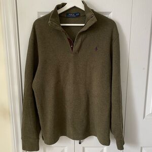 POLO Ralph Lauren 100% cotton Khaki Quarter-Zip Sweater suede elbows button neck